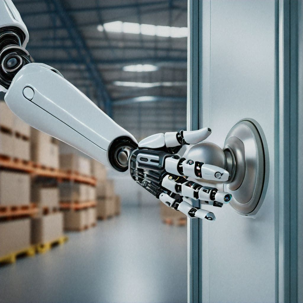 Humanoid robot navigating a standard facility corridor, illustrating why robot rental unlocks access to human-scale environments