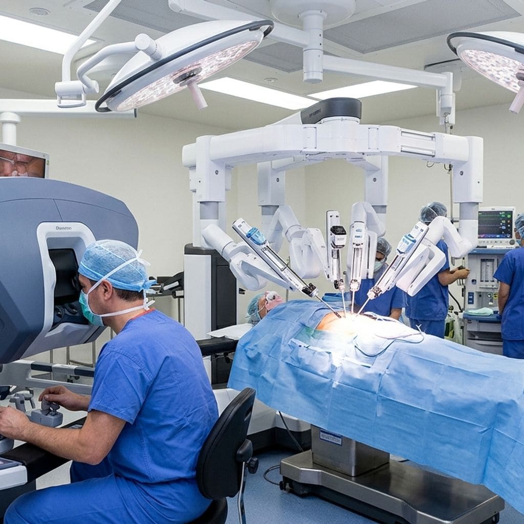 Robotic surgical arm in a modern operating room, illustrating precision technology behind the robot rental marketplace shift