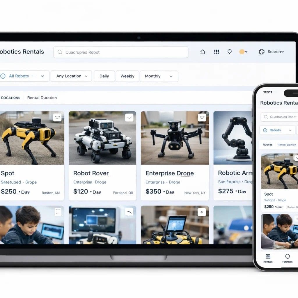 Getting Your First Rental RightOperator preparing a quadruped robot and enterprise drone for a commercial rental, reviewing setup and inspection procedures before deployment