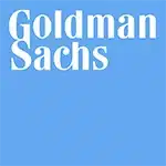 Goldman Sachs white text logo on blue background.