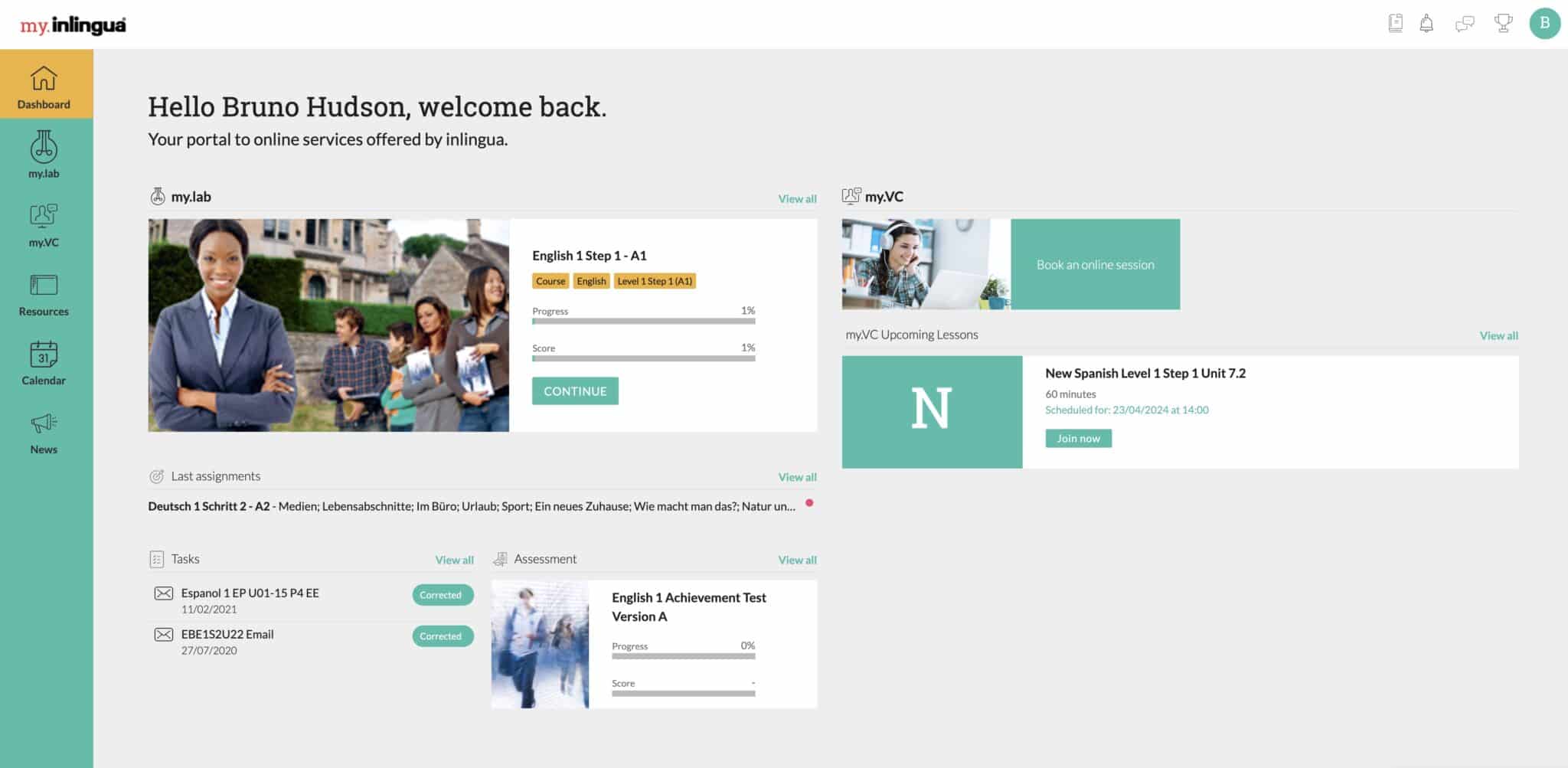 Dashboard interface welcoming Bruno Hudson with courses, tasks, assessments, and upcoming online lessons.