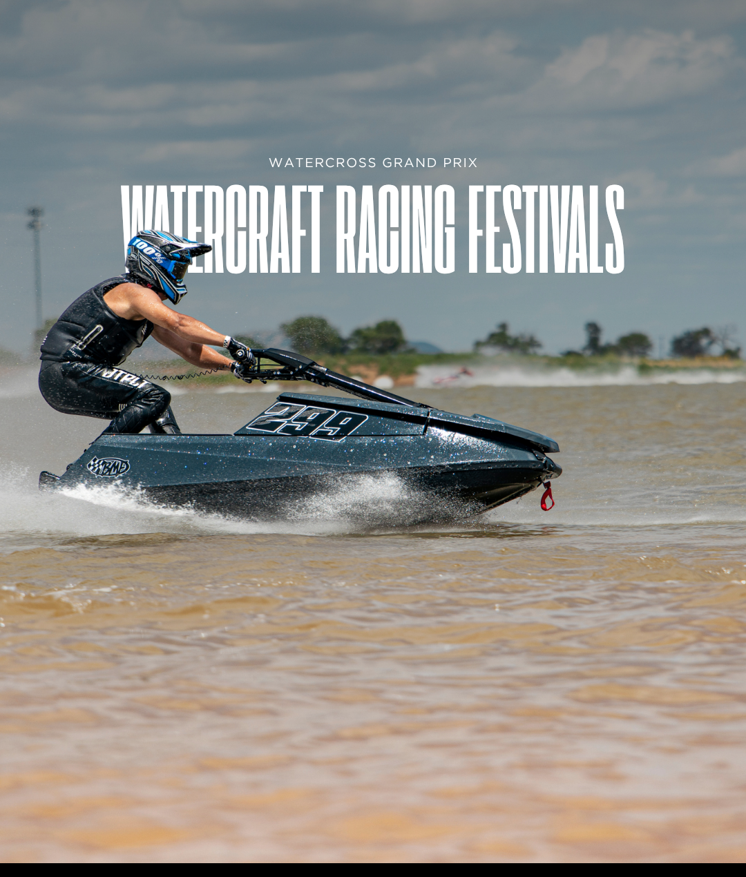 Five riders wearing helmets riding jet skis at high speed on water under a stormy sky with lightning.