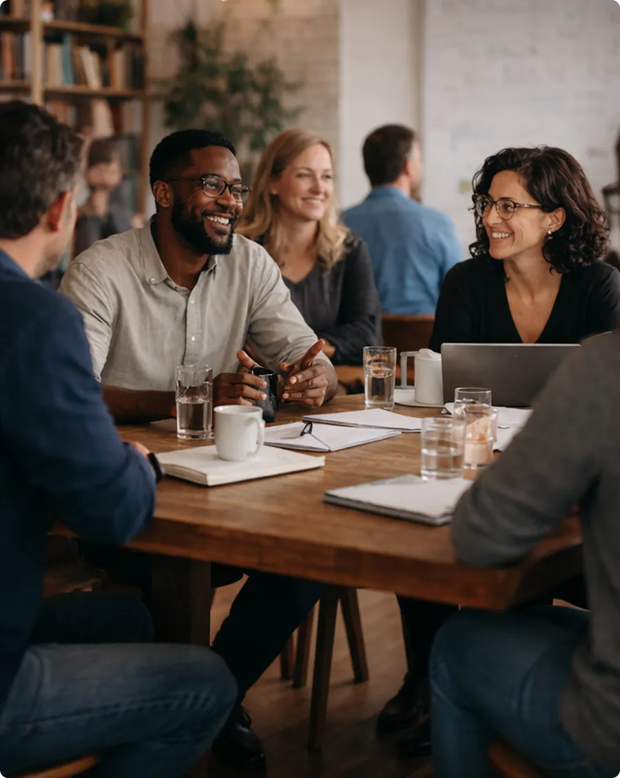 People talking at PeaceBrige Institute
