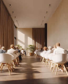 A spacious high-ceiling room with multiple chairs and tables in use, highlighting functional architectural design that encourages interaction and comfort.