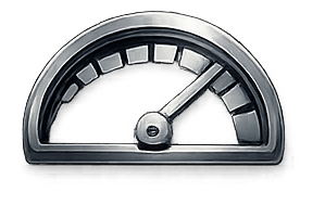 Half-circle metallic gauge with a needle pointing to the right side.