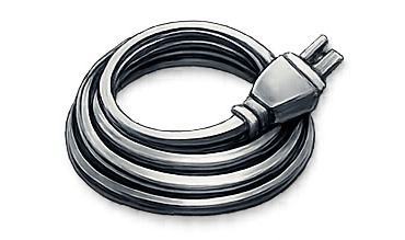 Coiled black electrical power cord with a two-prong plug.