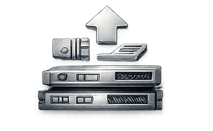 Illustration of computer hardware components including a cylindrical part, a rectangular chip, and two stacked hard drives with an upward arrow above them.