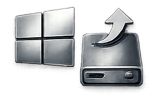 Metallic Windows logo next to a hard drive icon with an upward arrow indicating installation or upgrade.