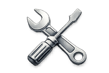 Crossed silver wrench and screwdriver icons on a black background.