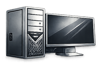 Desktop computer tower next to a widescreen monitor with a black screen.