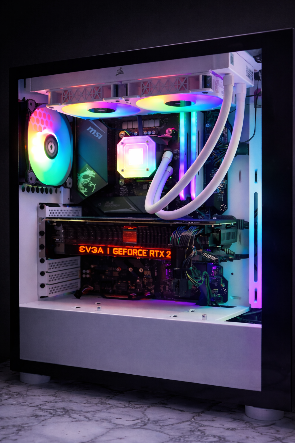 Gaming PC tower with transparent side panel showing illuminated internal components and RGB lighting.