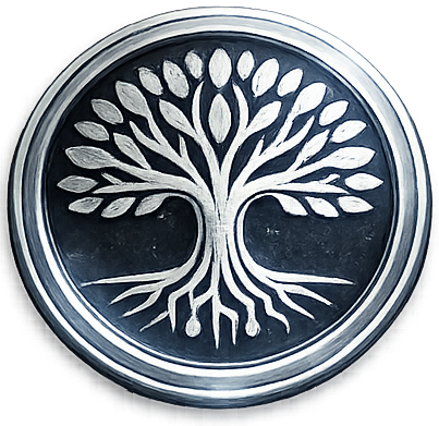 Silver circular emblem featuring a stylized tree with spreading branches and roots on a dark background.
