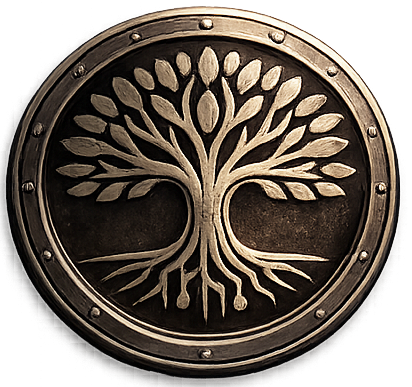 Circular metal emblem featuring a stylized tree with prominent roots and leaves.