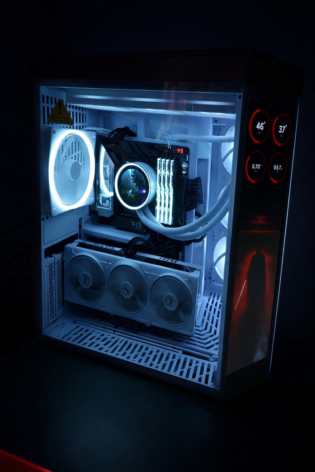 Gaming PC tower with transparent side panel showing illuminated internal components and RGB lighting.