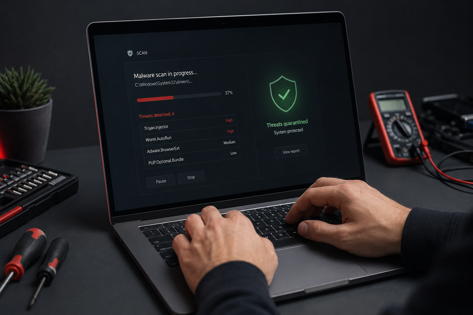 Windows computer protected against viruses and malware.