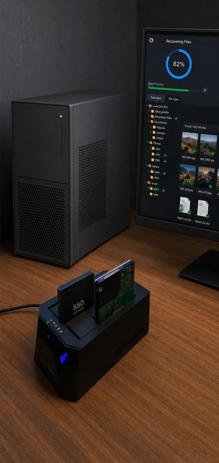 Storage drive connected to data recovery equipment.