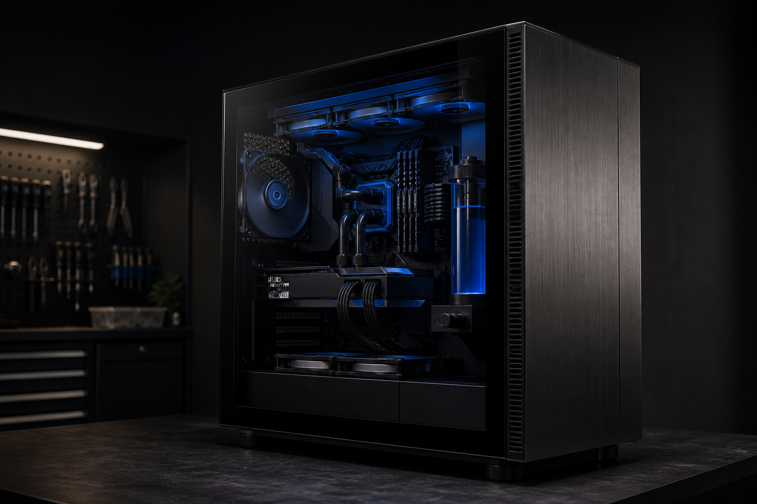 Premium custom desktop PC with clean internal assembly and blue accent lighting