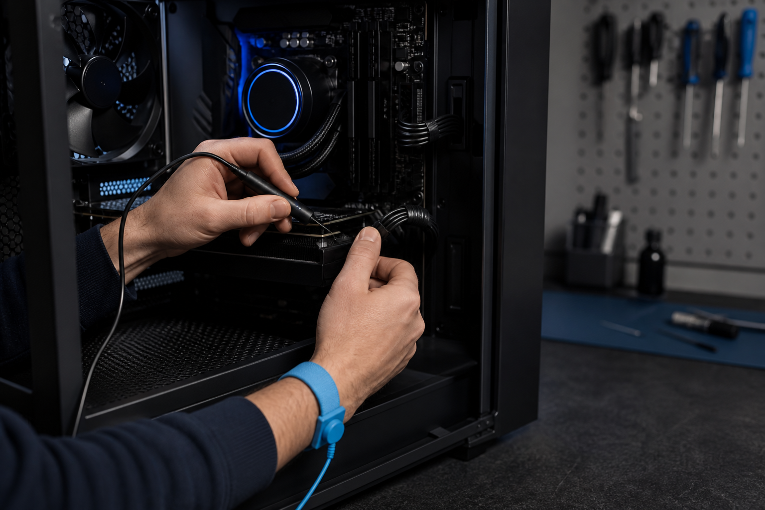 Technician carefully diagnosing a custom desktop PC