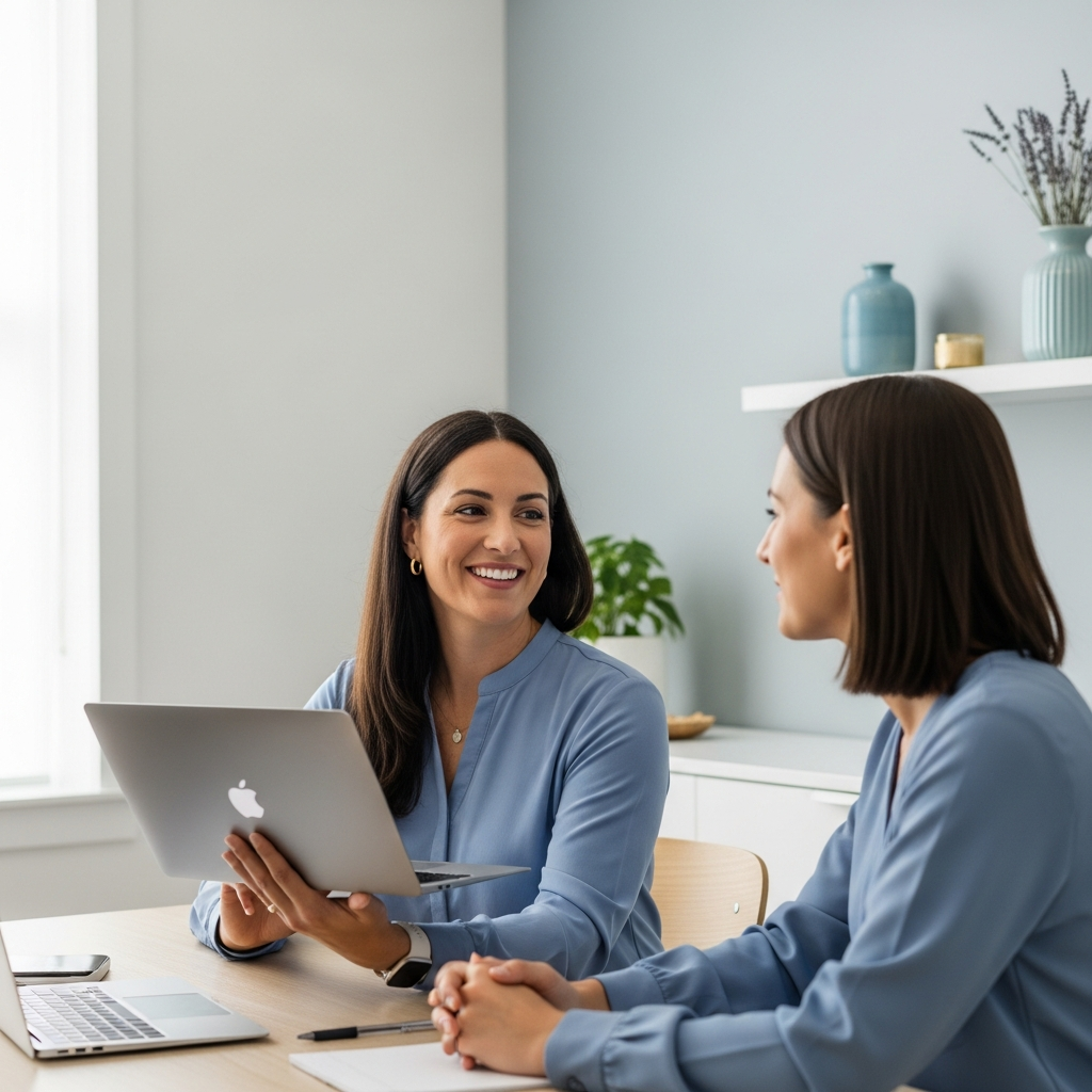 Two behavioral health clinicians collaborating calmly in a modern practice