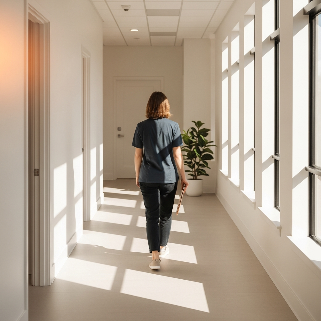 Clinician walking a calm clinic corridor between spravato sessions