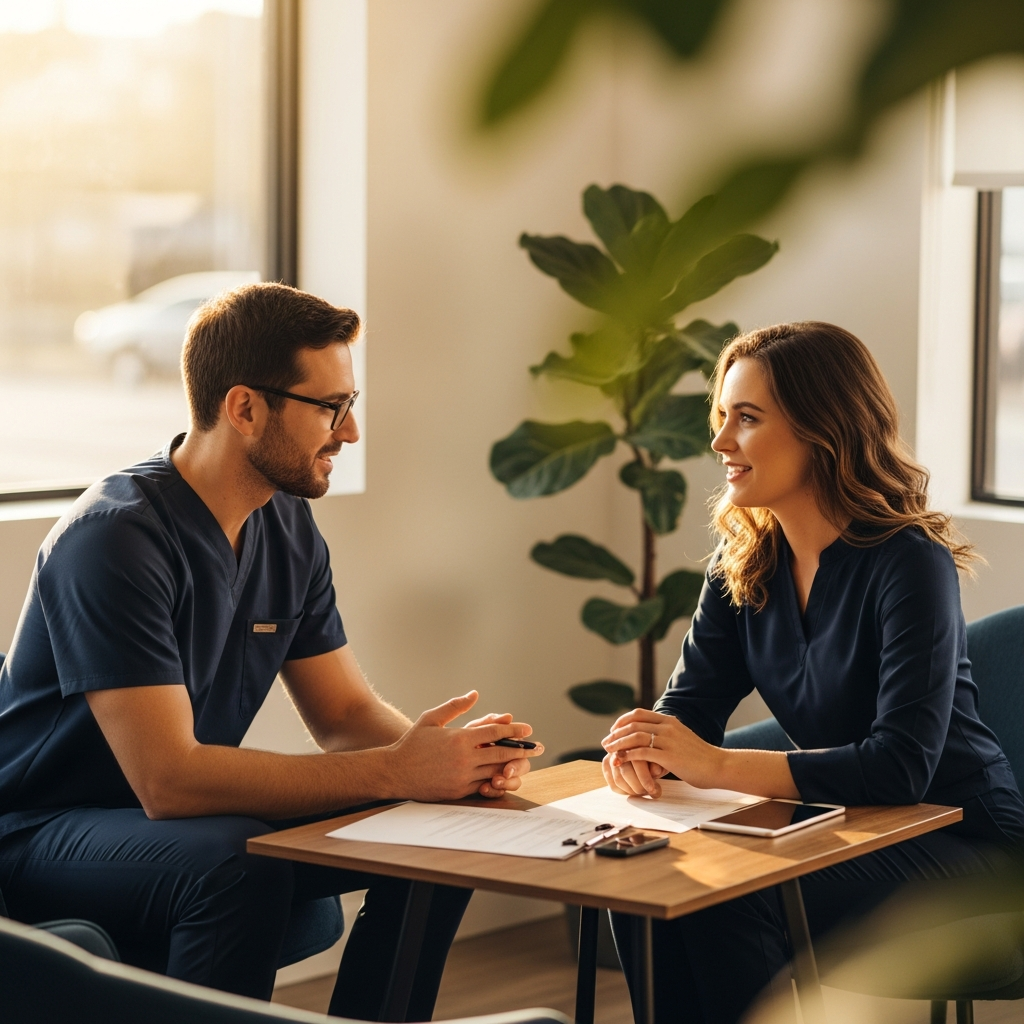 Clinician walking a patient through spravato rems enrollment paperwork in a calm clinic office