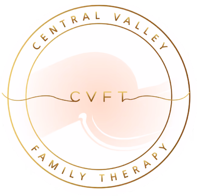 Round gold-bordered logo with 'Central Valley Family Therapy' and 'CVFT' over a soft pink abstract shape.