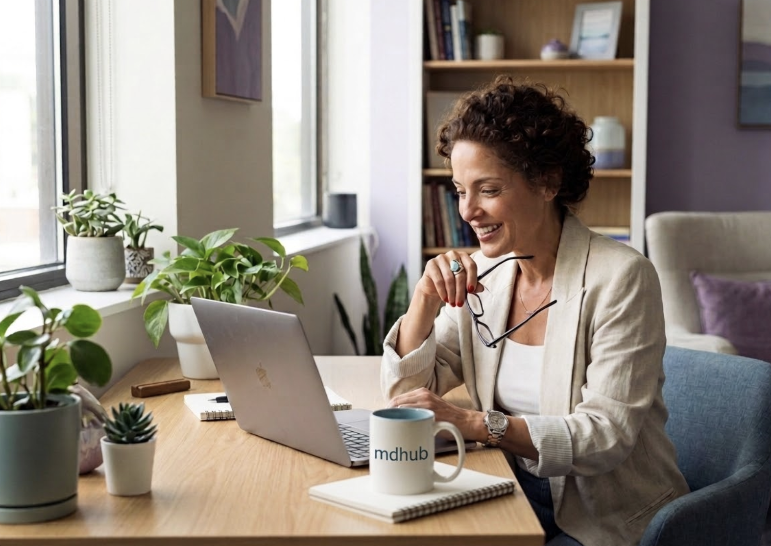 A professional using mdhub behavioral health software for mental health clinics on a laptop, working in a sunlit, editorial-style clinic office.