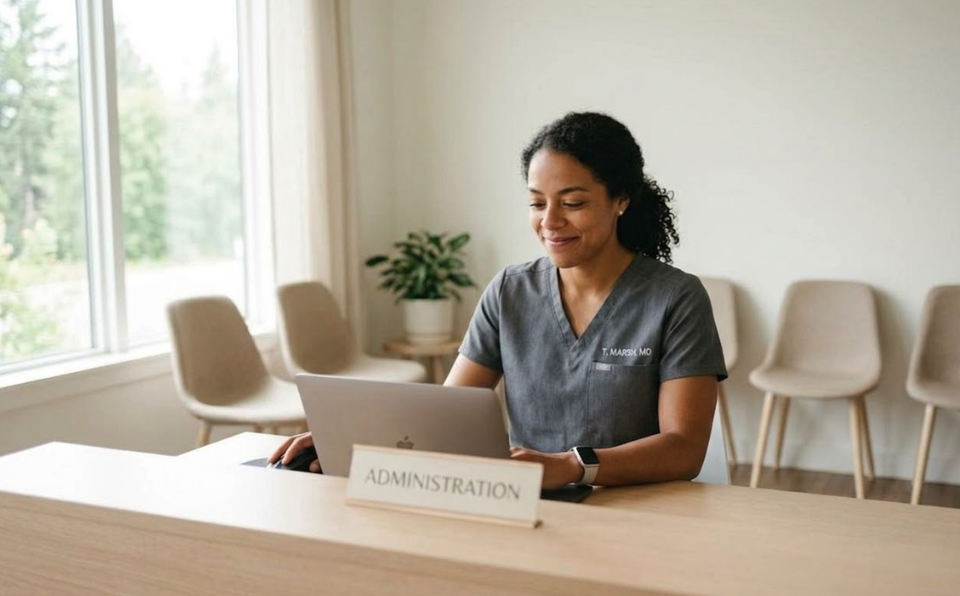 A female clinic administrator sitting at a clean, minimal front desk in a bright, calm waiting room. She is looking at a laptop screen with a relaxed, focused expression — not stressed. Natural daylight fills the space from a window to her left. Soft whites and warm neutrals dominate the environment. A few empty chairs are visible in the background, slightly out of focus. The mood is professional, approachable, and quietly hopeful. Shot with a shallow depth of field. No clutter, no dramatic lighting. Candid, documentary-style photography.