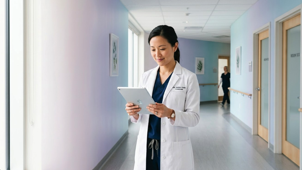 A calm, softly lit clinic corridor with a clinician — relaxed, not rushed — reviewing a tablet. The background is clean and minimal, with a gentle gradient wash of white transitioning into soft lavender and ice blue. The mood is optimistic and human, not sterile. The clinician looks unburdened, present. Bright, even, neutral lighting. No clutter. The overall feel: clarity, relief, forward motion.