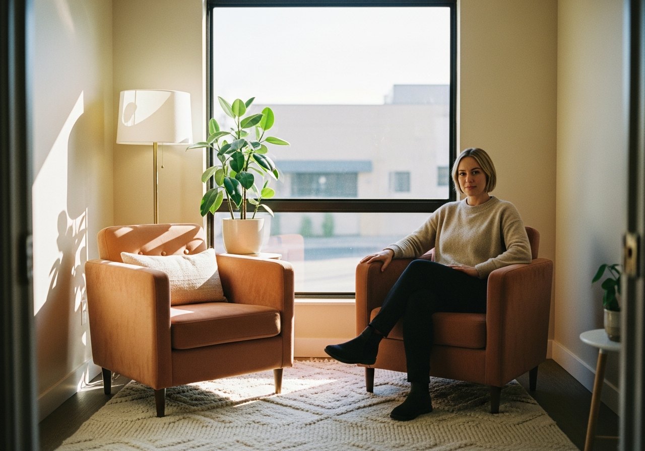 Therapist in a calm therapy office