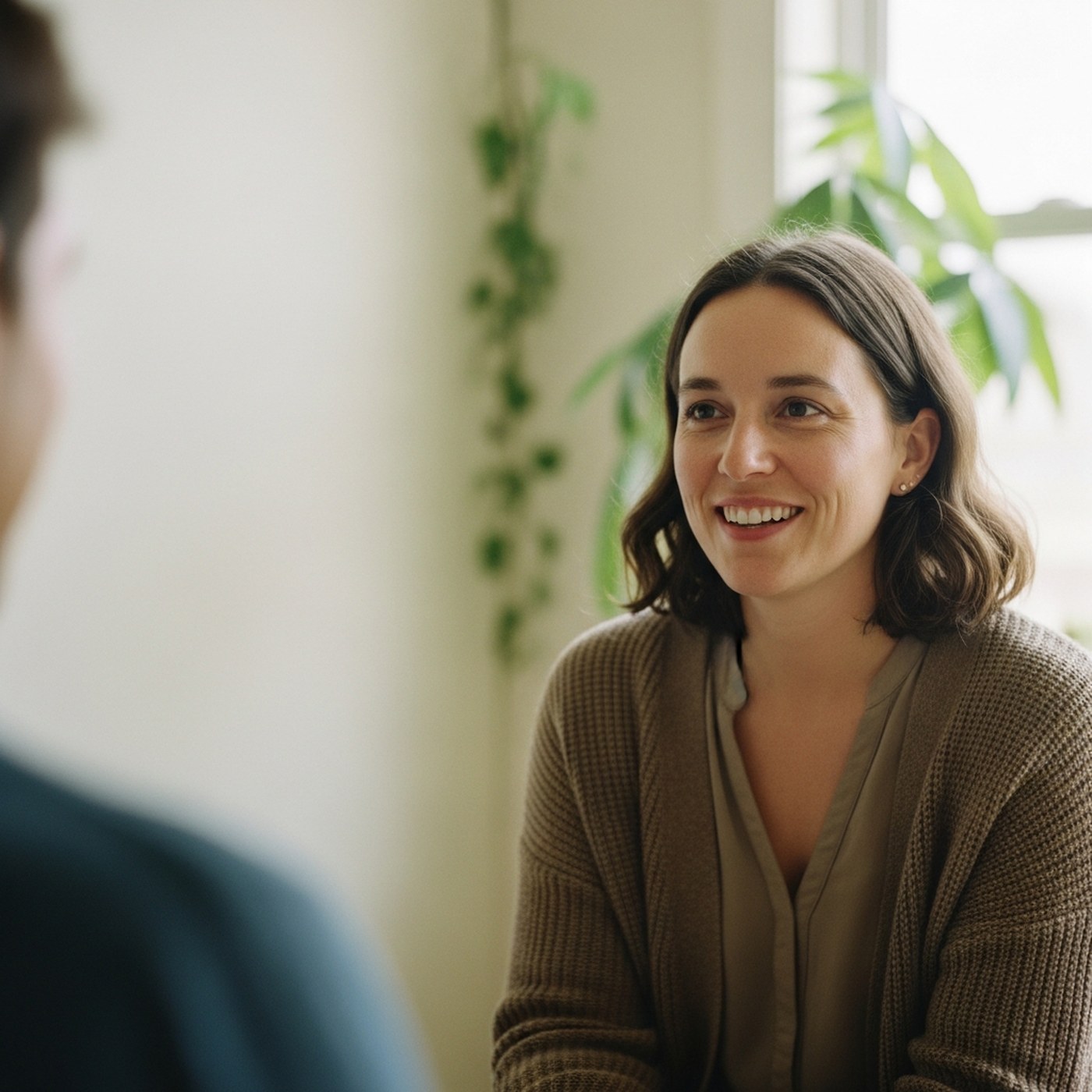 Therapist fully present with a client in a calm, light-filled office