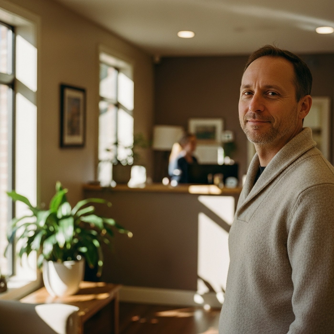 Behavioral health group practice owner in a calm, busy clinic