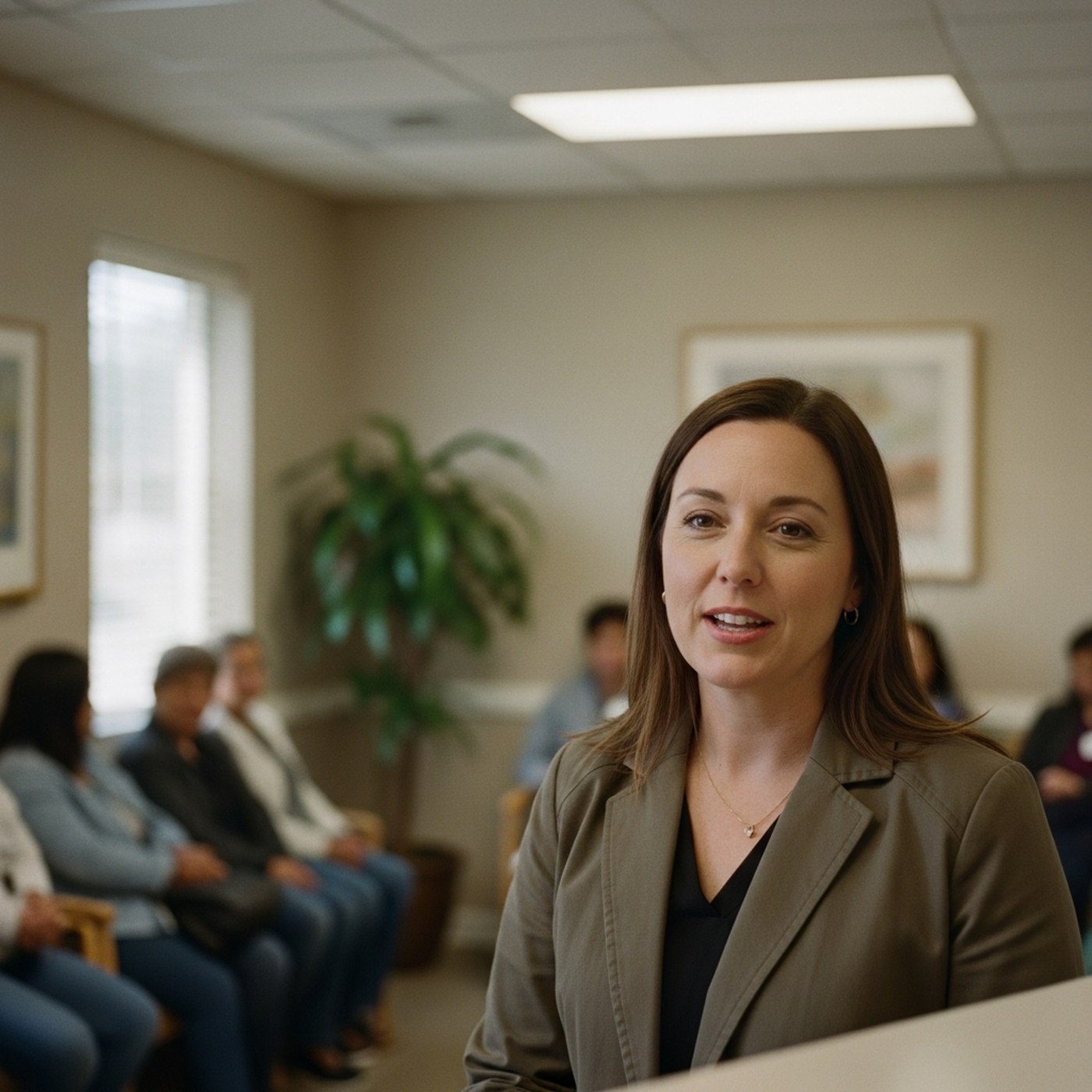 Community behavioral health clinic operations leader in a welcoming intake area