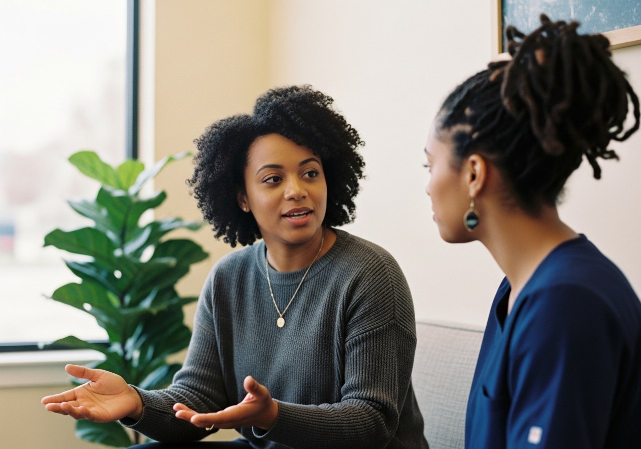 Two community behavioral health clinic staff talking in a bright space