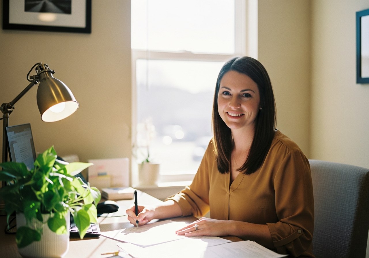 Psychiatric nurse practitioner working at a desk in a bright office
