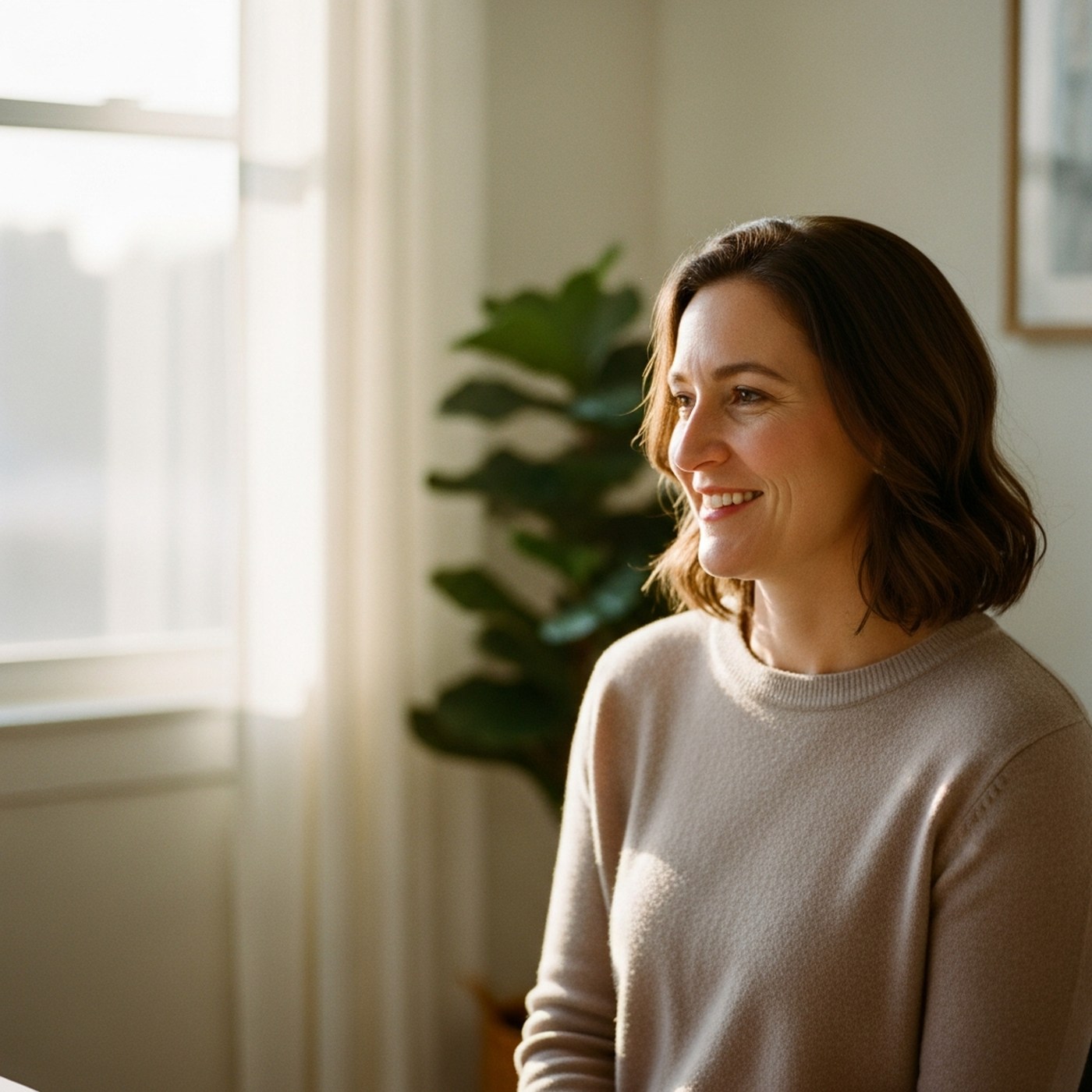 Behavioral health clinician in a warm, calm office