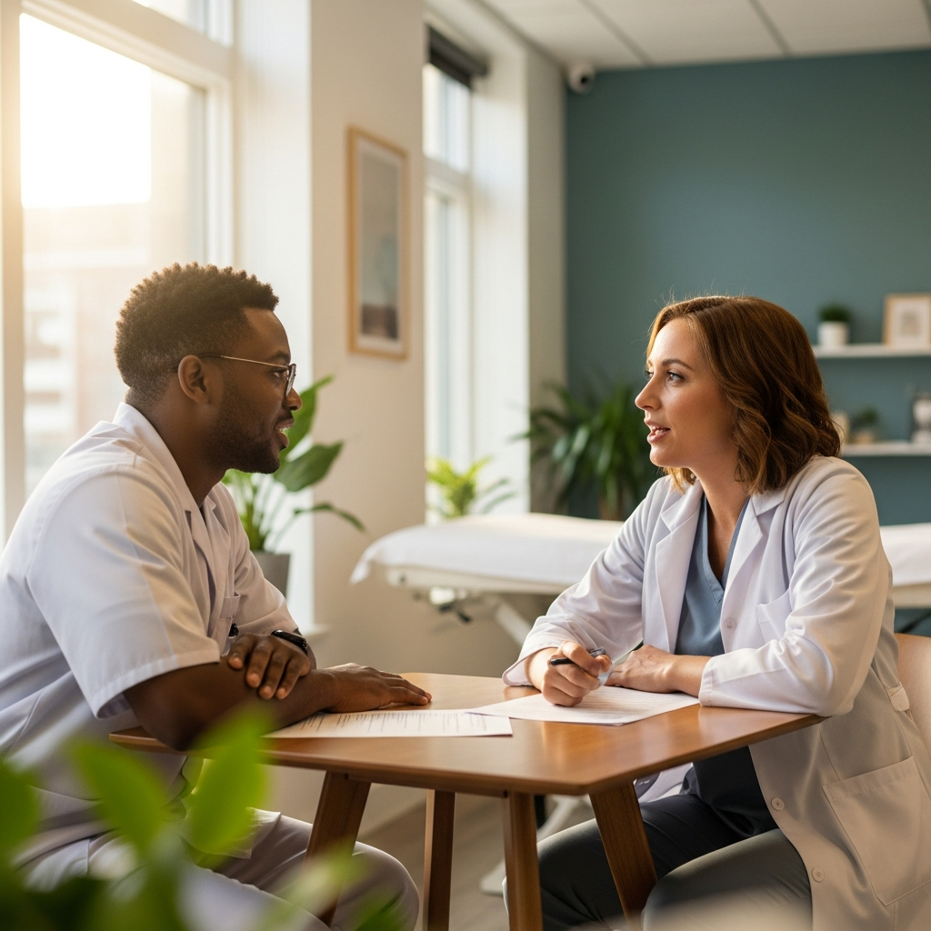 Two clinicians reviewing spravato billing paperwork together in a clinic office