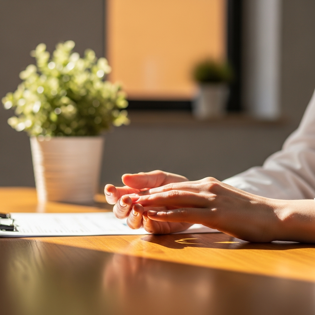 Hands reviewing a spravato prior authorization form in a calm clinic office