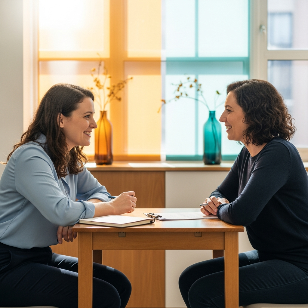 Clinician meeting with a patient in a behavioral health session, the encounter a SOAP note example documents