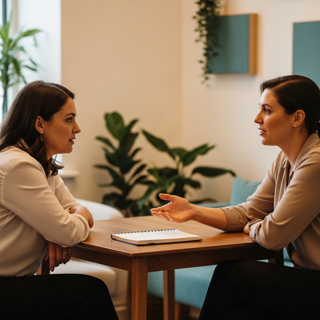 Two behavioral health billing staff reviewing claim documentation together in a calm practice office