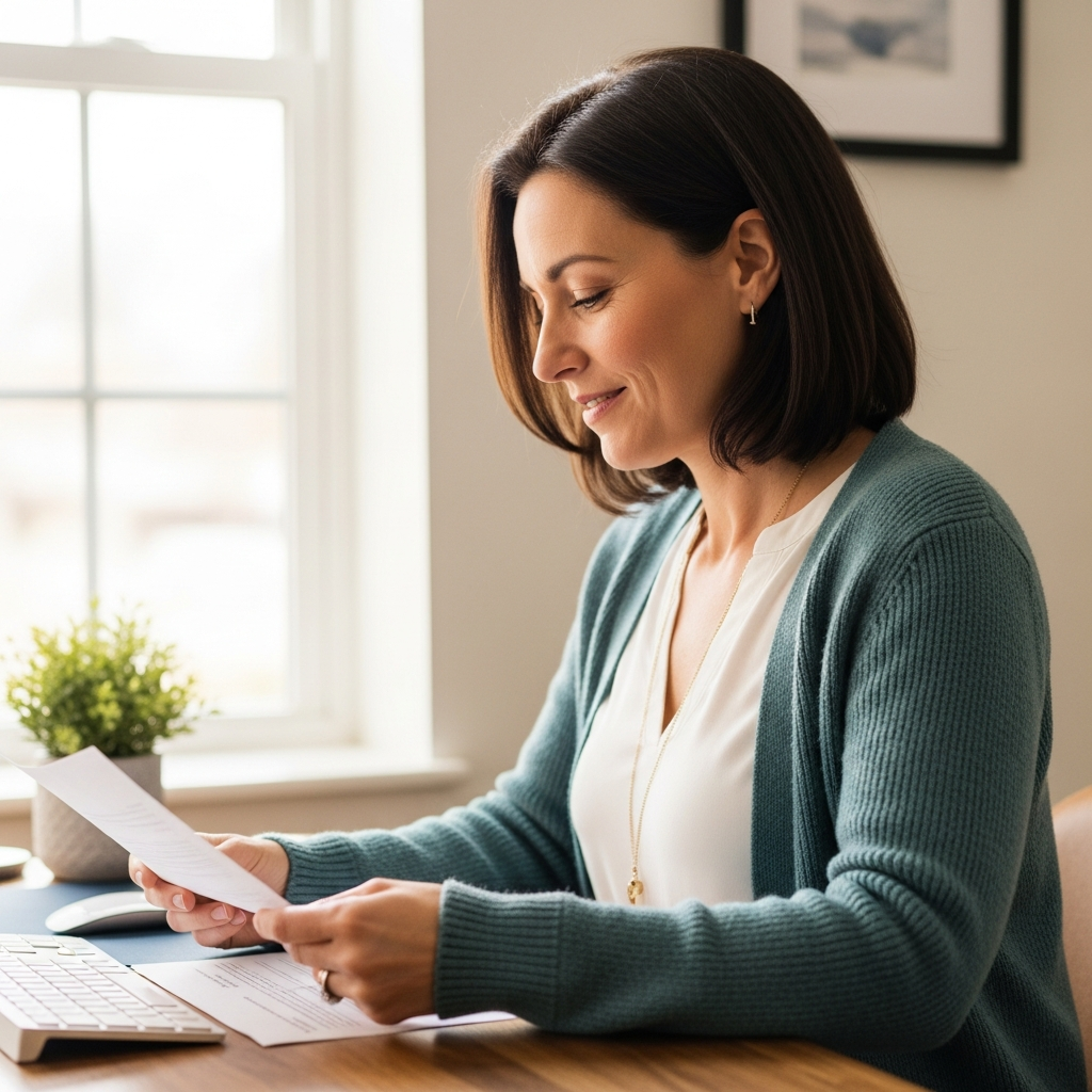 Billing specialist at a behavioral health practice reviewing a claim document in warm natural light
