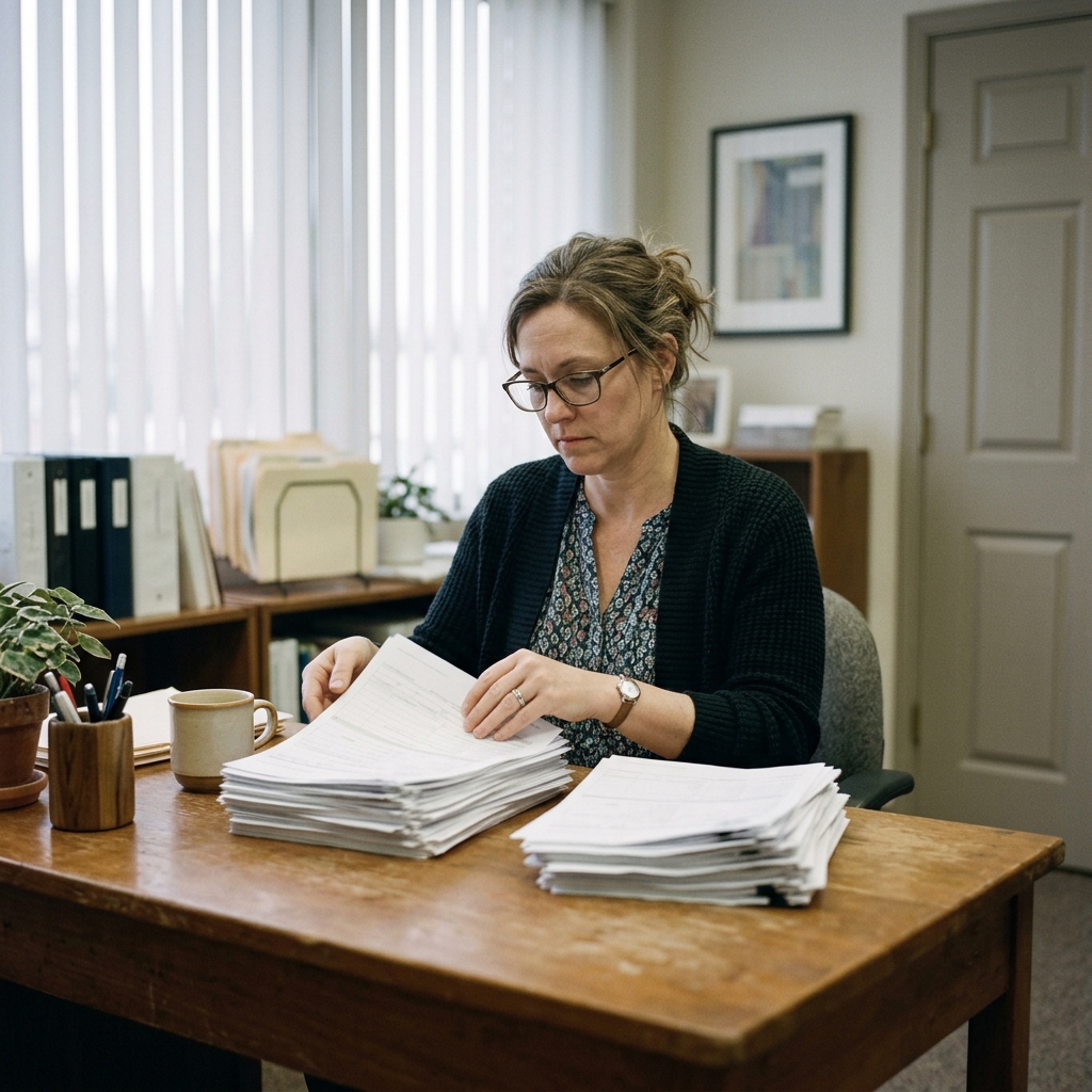 Behavioral health practice administrator sorting paper claim forms by hand at a clinic desk