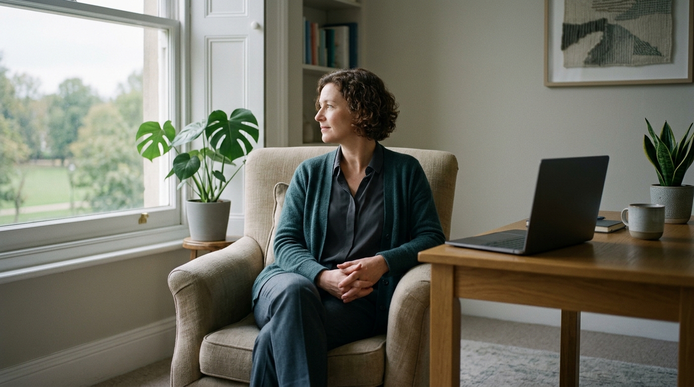 A behavioral health clinician turning away from a closed laptop, administrative work lifted