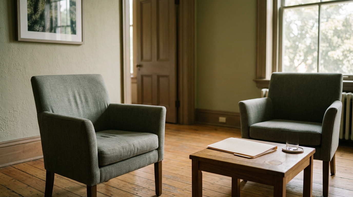 Empty behavioral health clinic waiting area with two chairs, representing the patient who inquired but never arrived
