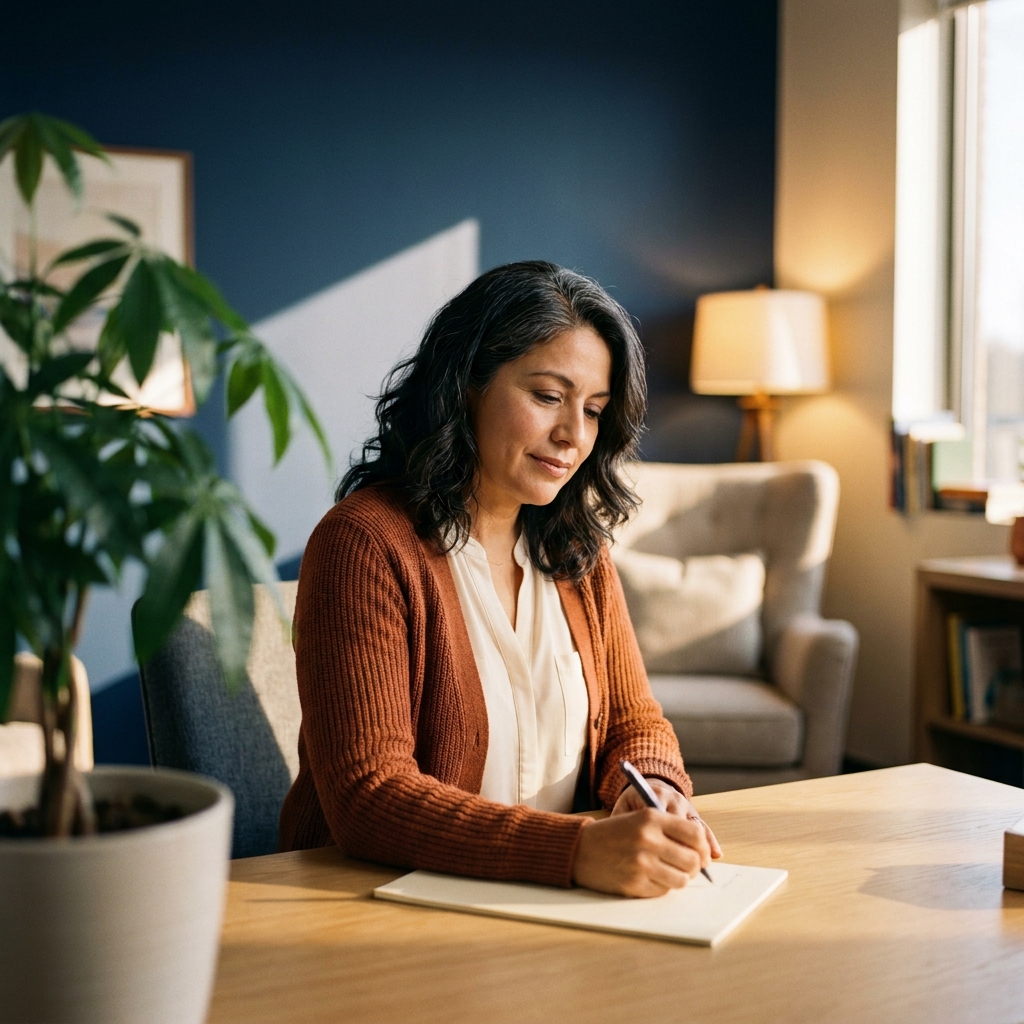 Behavioral health clinician writing a DAP note on a paper pad at a desk in a therapy office