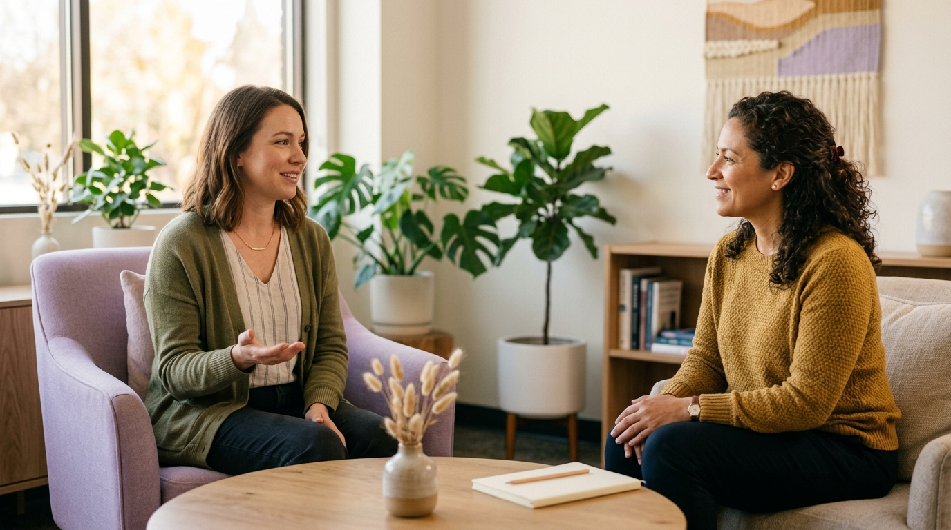 Two behavioral health professionals reviewing screening documentation together in a clinic office