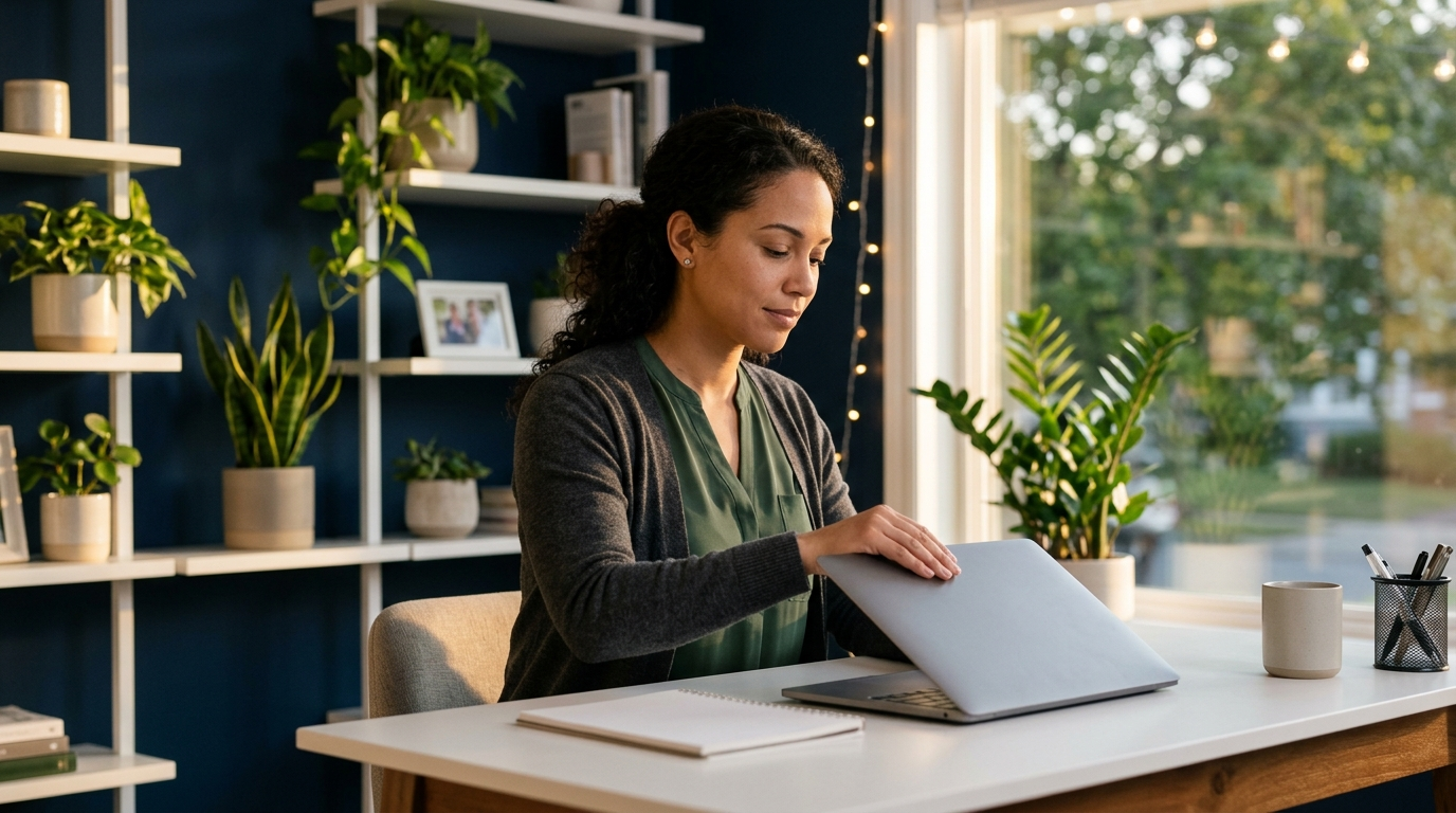 A behavioral health clinician closing a laptop at the end of the day after finishing session notes