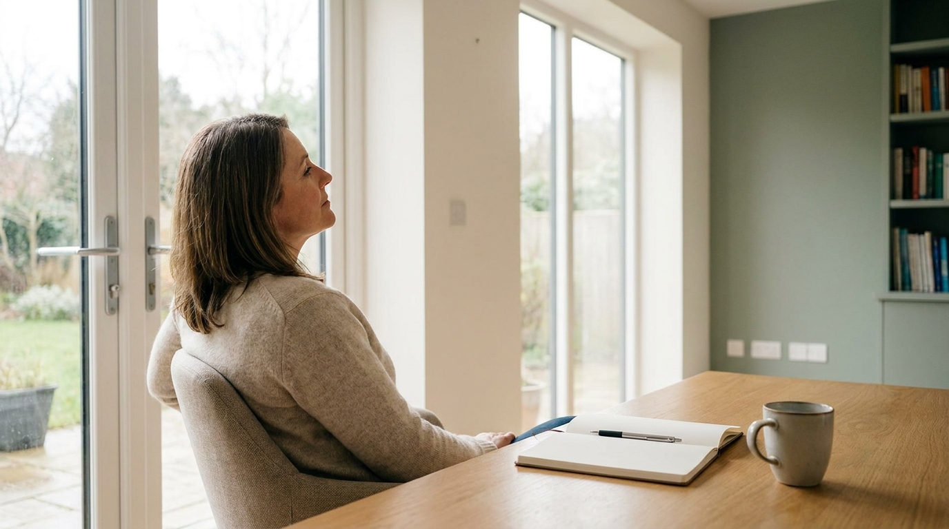 A behavioral health clinician sitting at a clear desk beside a window with an open notebook, pausing after a session