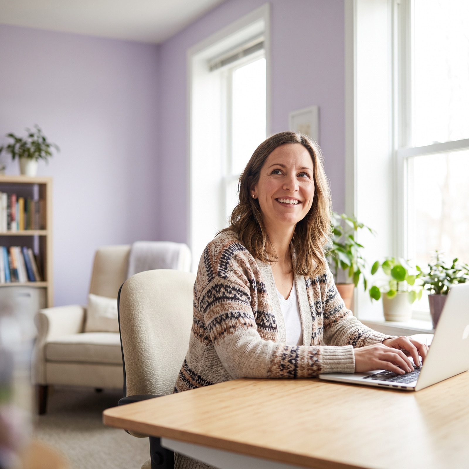 Behavioral health billing manager smiling at her desk in a bright clinic office