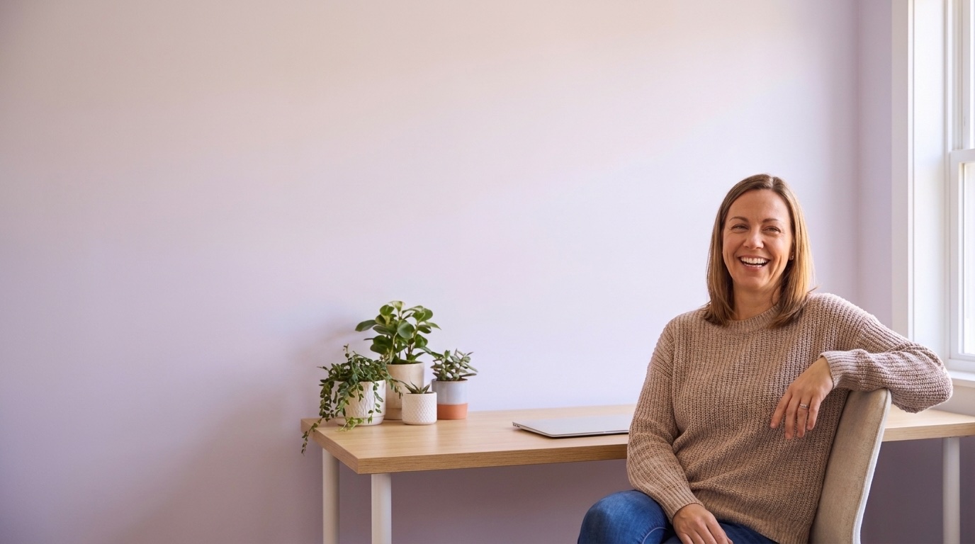 Behavioral health billing manager relaxed at her desk in a warm sunlit office